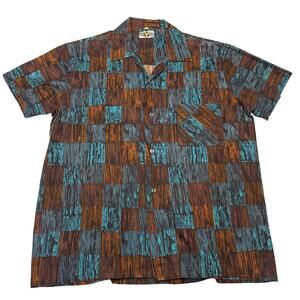 Vintage 1950s Atomic Abstract Checker Geometric Camp Shirt Medium Cotton